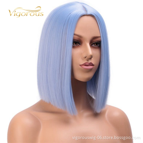 Vigorous Light Blue Synthetic Straight Hair Middle Part Heat Resistant Fashion Short Bob for Women Cosplay Wig